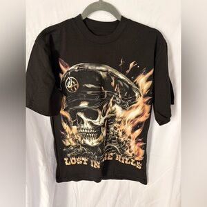 Lost Hills – Black Graphic T-Shirt – “Lost in the Hills” Skull Flame – S – NWOT